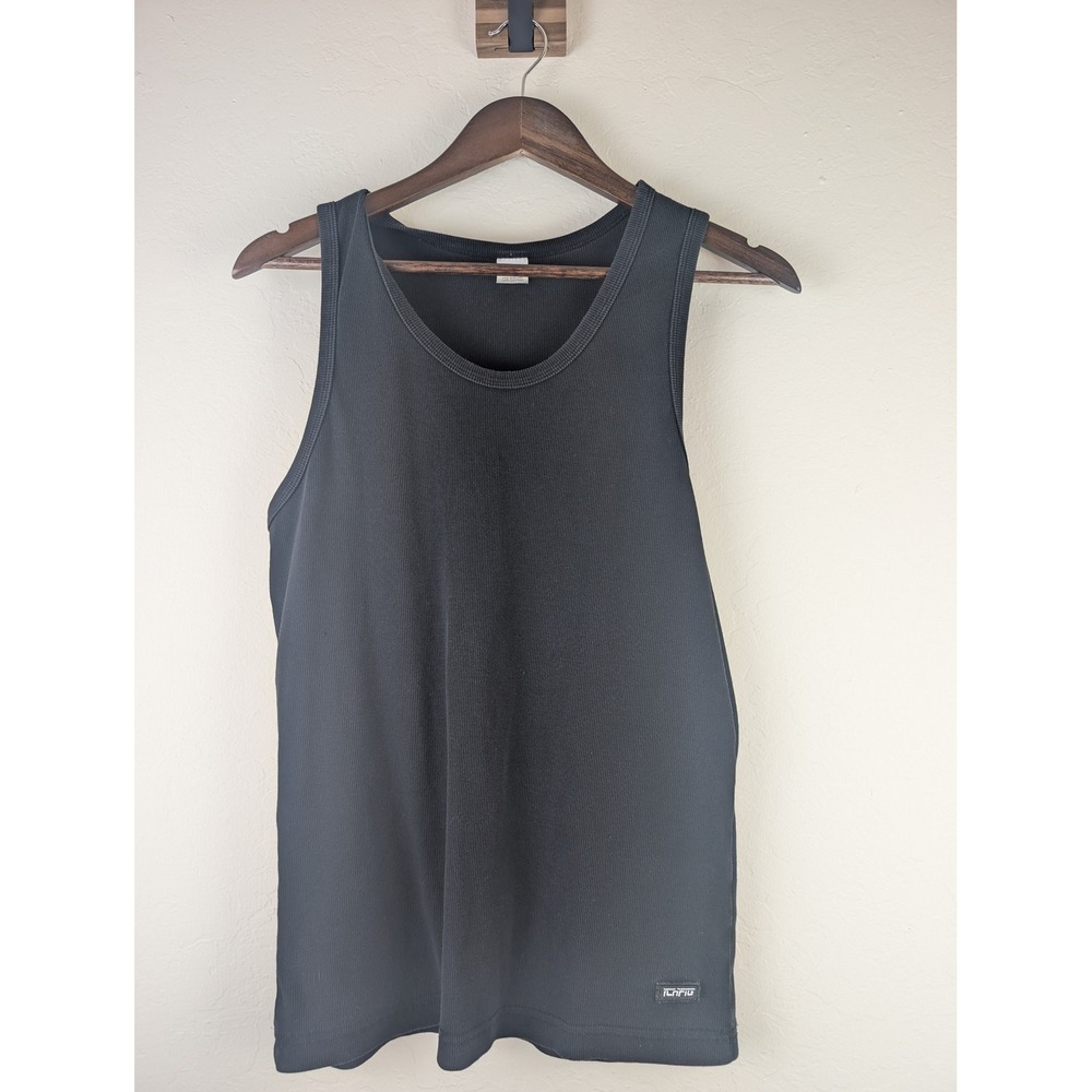 ILARIO Mens Black Ribbed Sleeveless Tank Top Cotton Fitted Logo Patch Large
